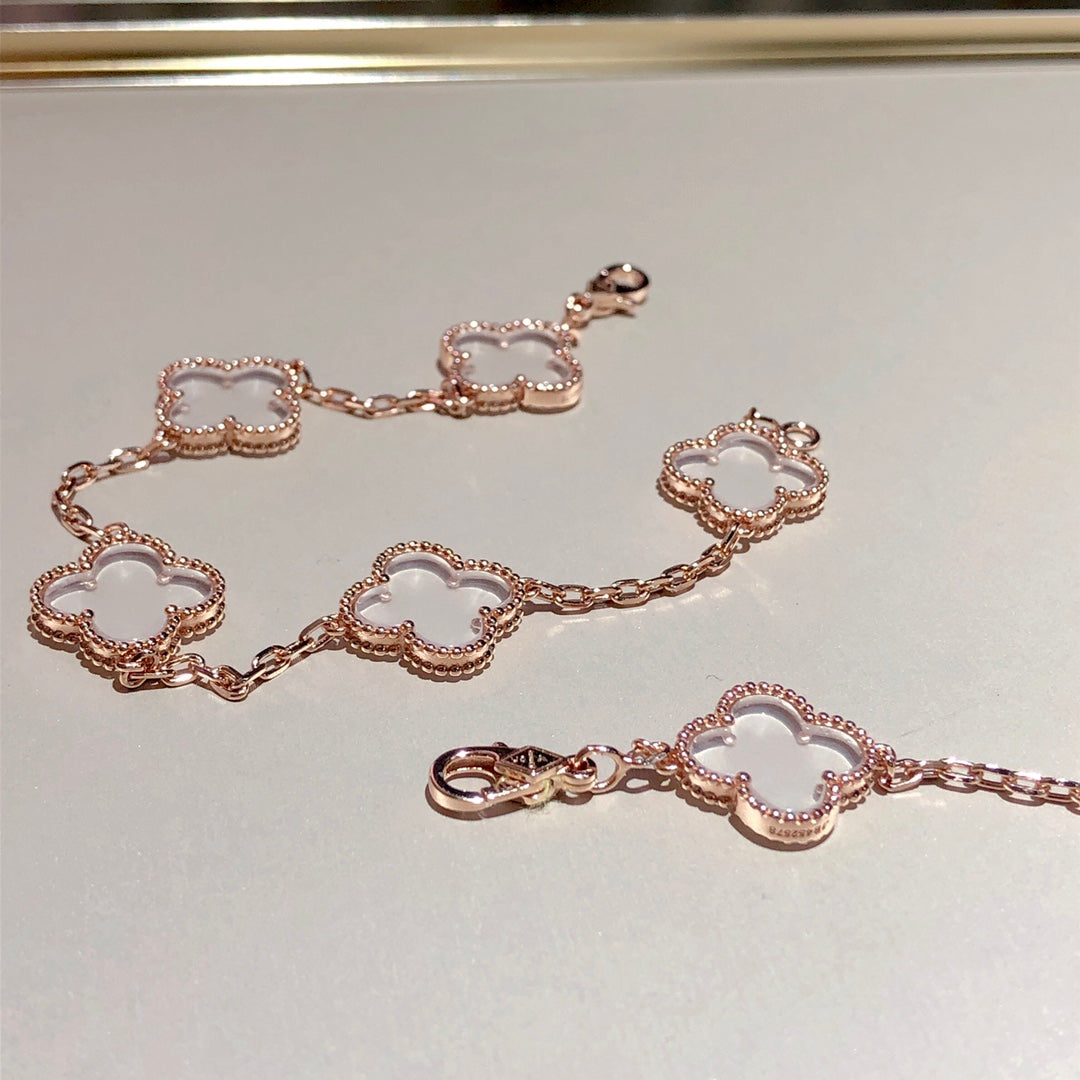 [Clover Jewelry]CLOVER 5 MOTIF ROCK CRYSTAL PINK GOLD BRACELET
