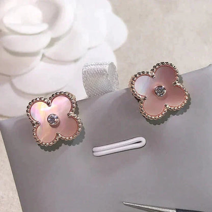 [Clover Jewelry]CLOVER MEDIUM 1 MOTIFS  PINK MOP DIAMOND EARRINGS