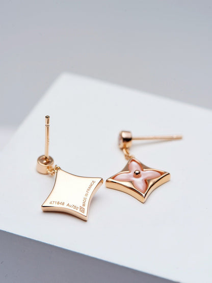 [Clover Jewelry]DOUBLE STAR PINK GOLD MOP DROP EARRINGS