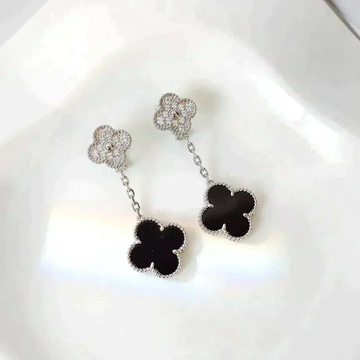 [Clover Jewelry]CLOVER 2 MOTIFS  DIAMOND ONYX EARRINGS SILVER