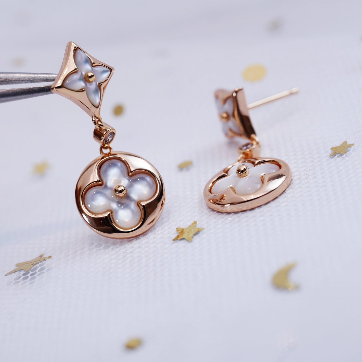 [Clover Jewelry]STAR AND SUN PINK GOLD MOP DROP EARRINGS