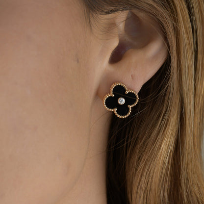 [Clover Jewelry]CLOVER MEDIUM 1 MOTIFS ONYX DIAMOND EARRINGS